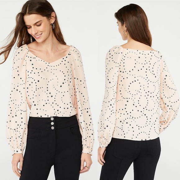 Ann Taylor Tops - Ann Taylor L Light Pink Black Star Print V-Neck Long Puff Sleeve Blouse